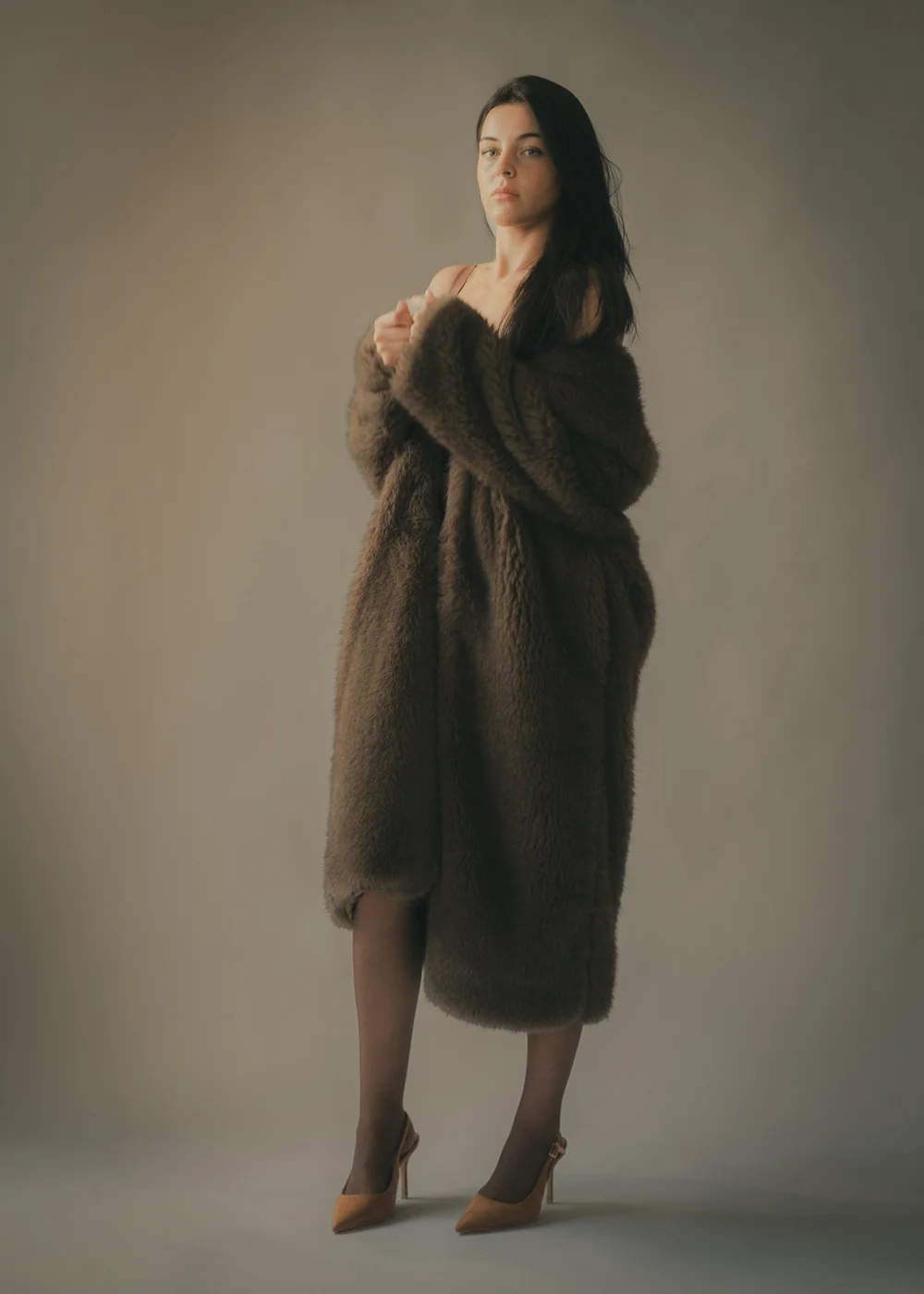 LILY × MINT — Full-length brown coat fashion portrait with a direct gaze, photographed by CAMR Visuals.