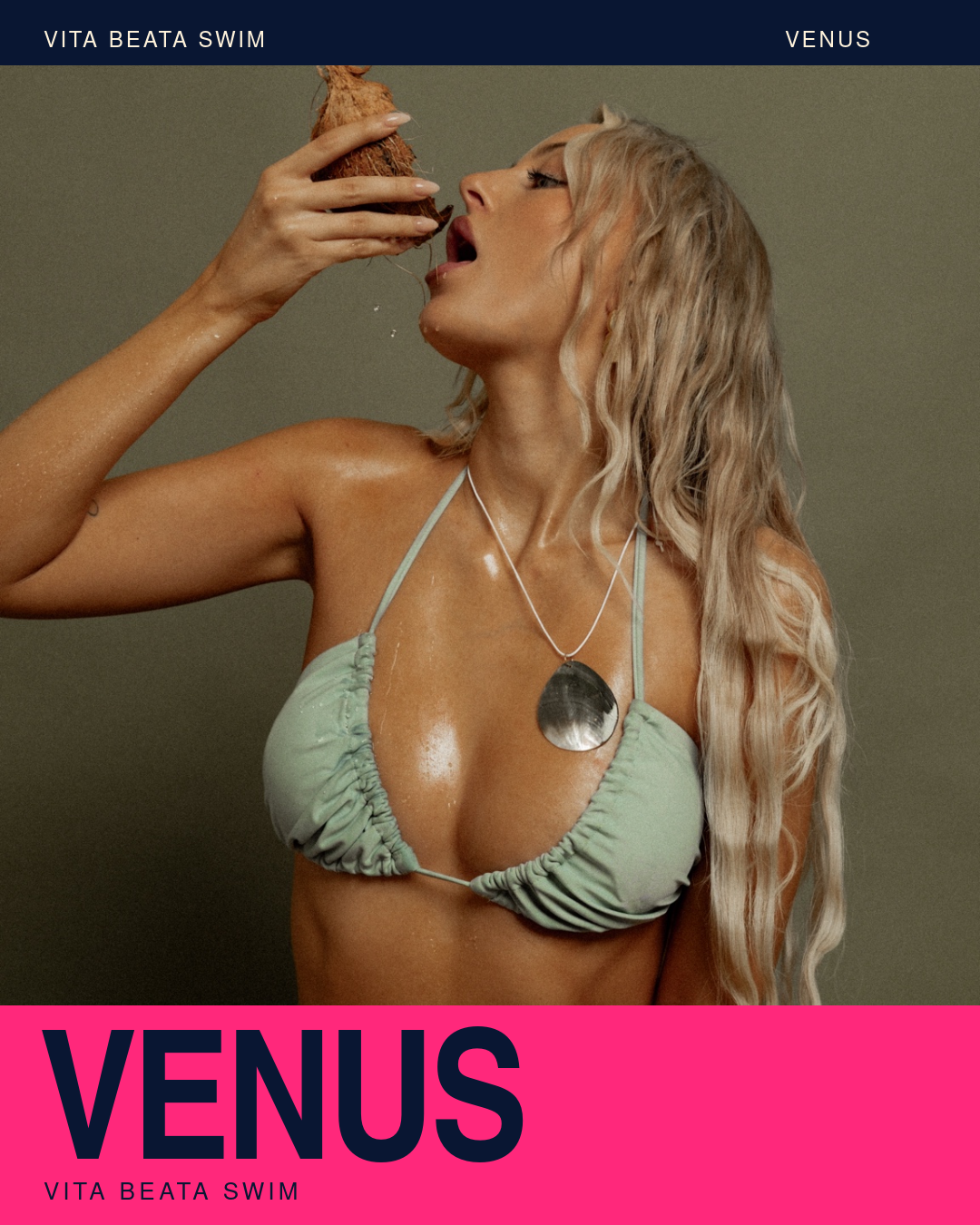VITA BEATA SWIM Venus campaign: seafoam bikini close-up with a coconut in a blue and pink layout.