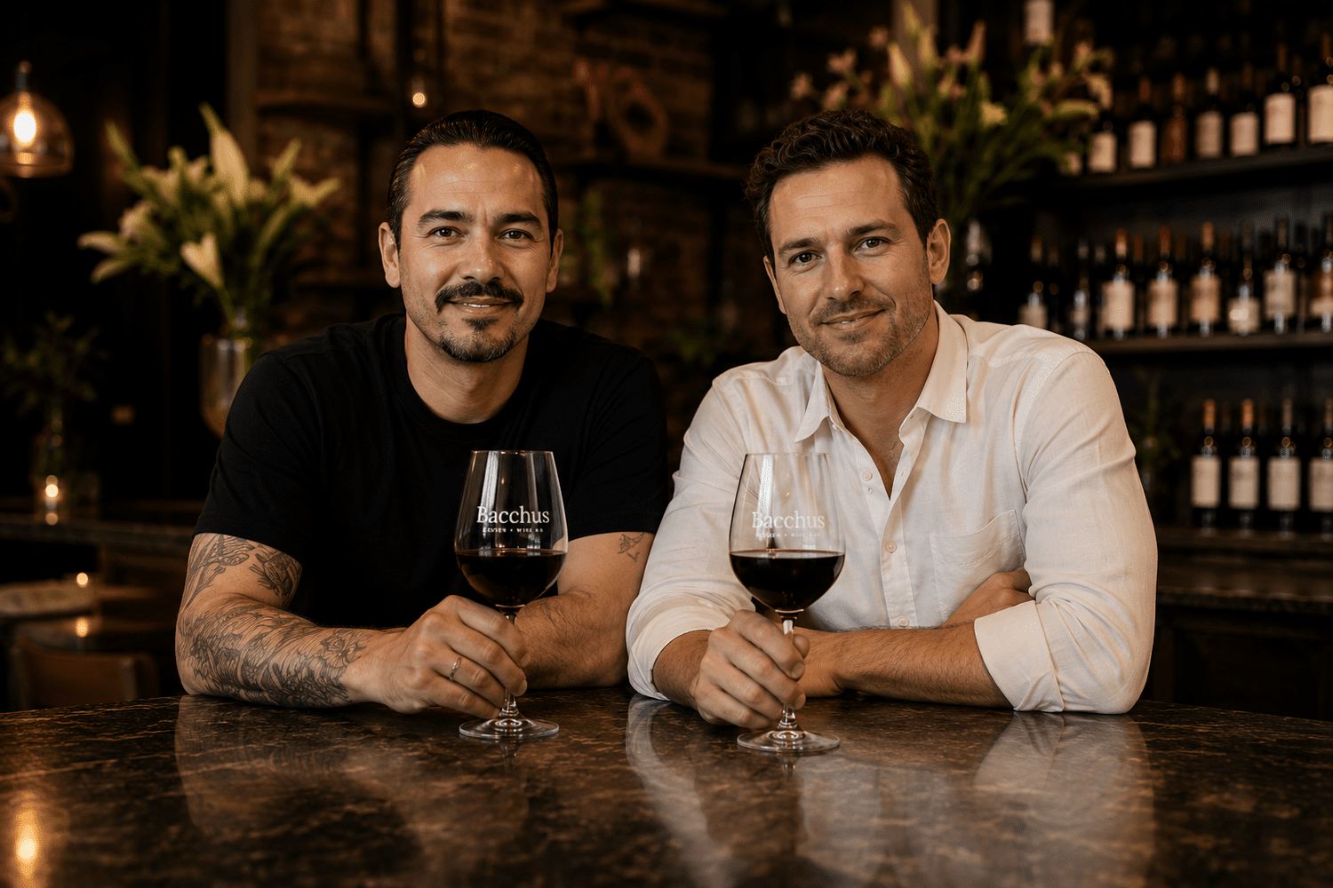 Claud and Brandon behind the bar at Bacchus Kitchen + Wine Bar