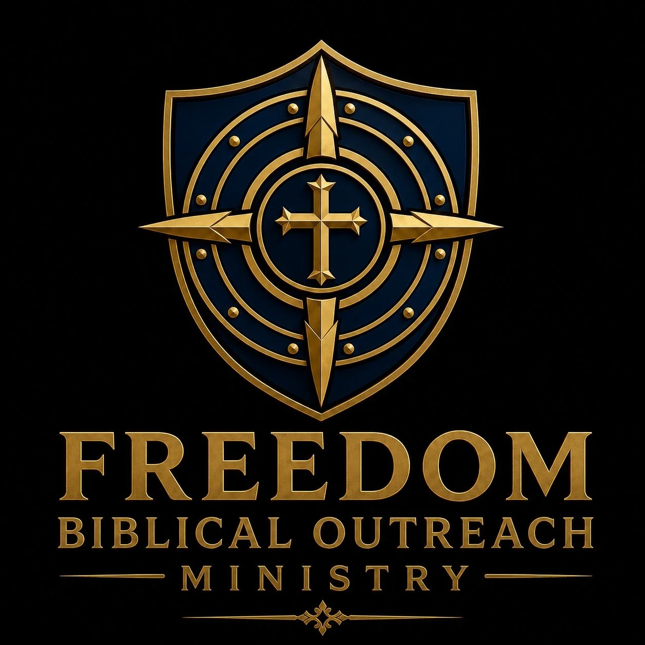 Freedom Biblical Outreach Ministry navy and gold shield logo