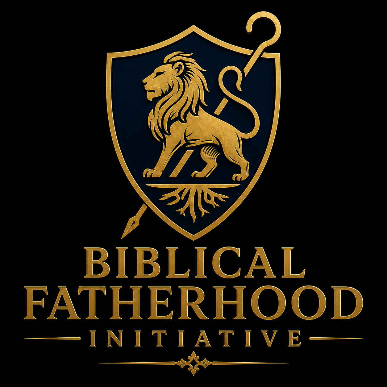 Biblical Fatherhood Initiative navy and gold lion shield logo