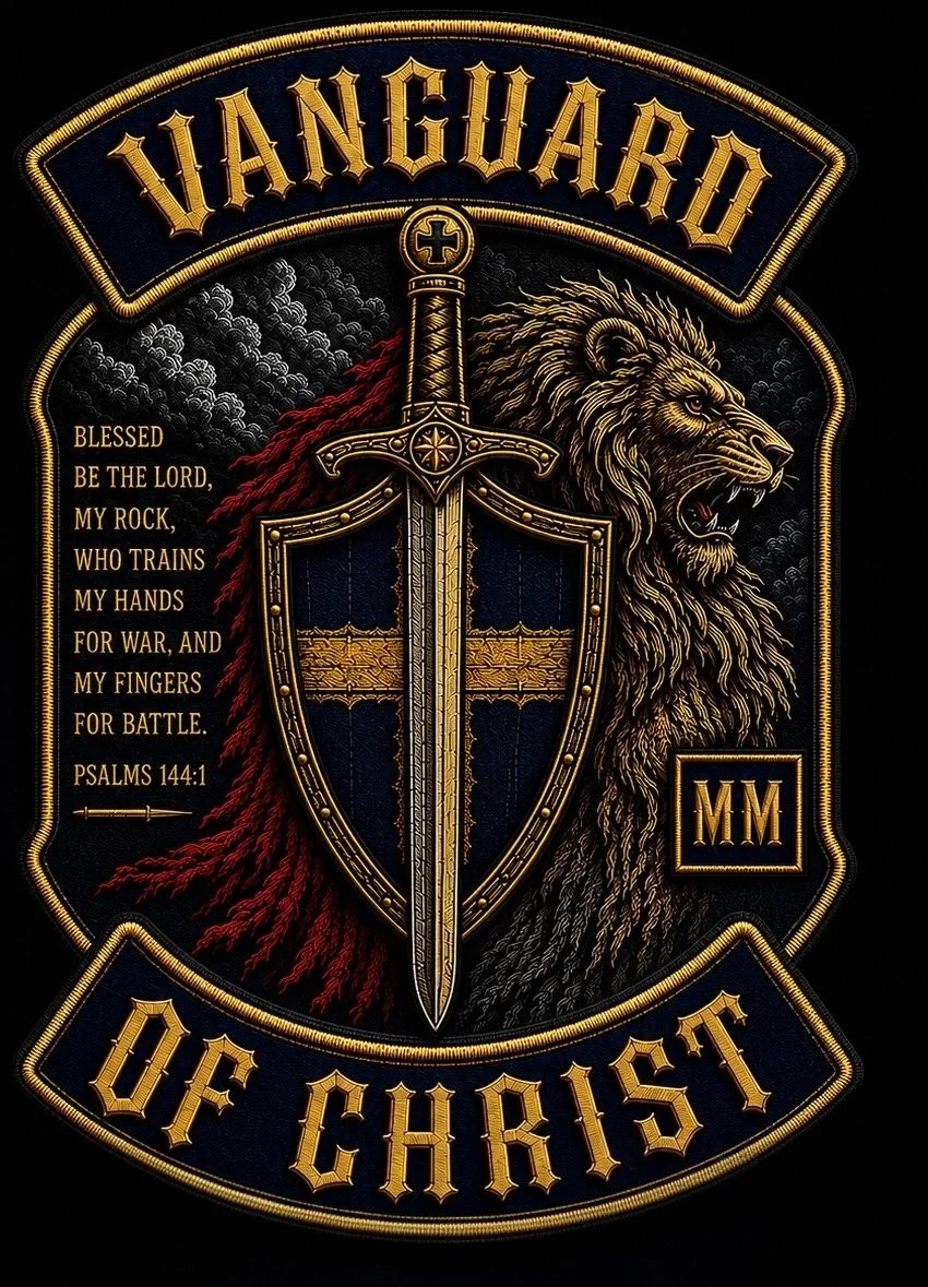 Vanguard of Christ ministry back patch with sword, shield, lion, and Psalm 144:1