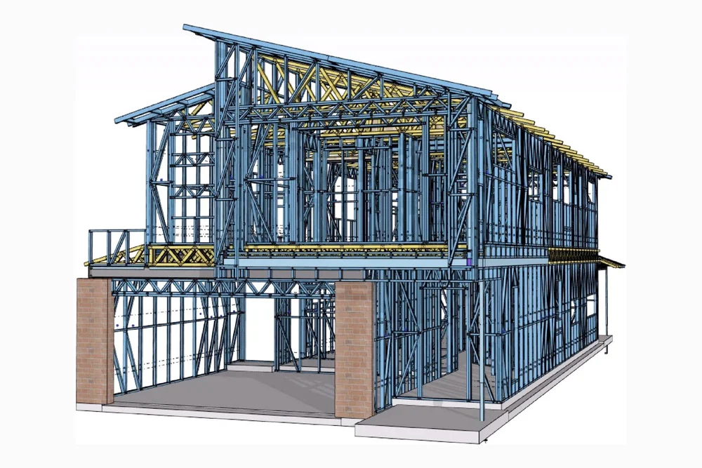 Two-storey light-gauge steel frame model with masonry piers at ground level.