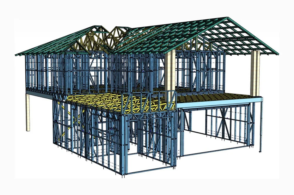 Three-dimensional model of an elevated light-gauge steel house frame with roof trusses and a verandah.