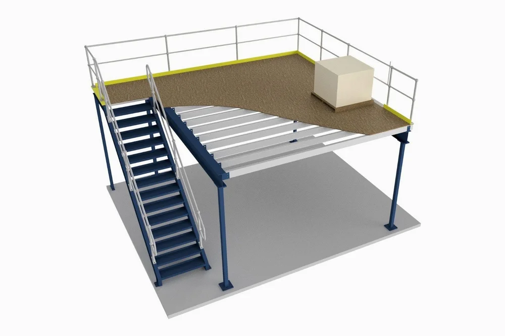 Model of a structural steel mezzanine floor with an access stair and handrail.