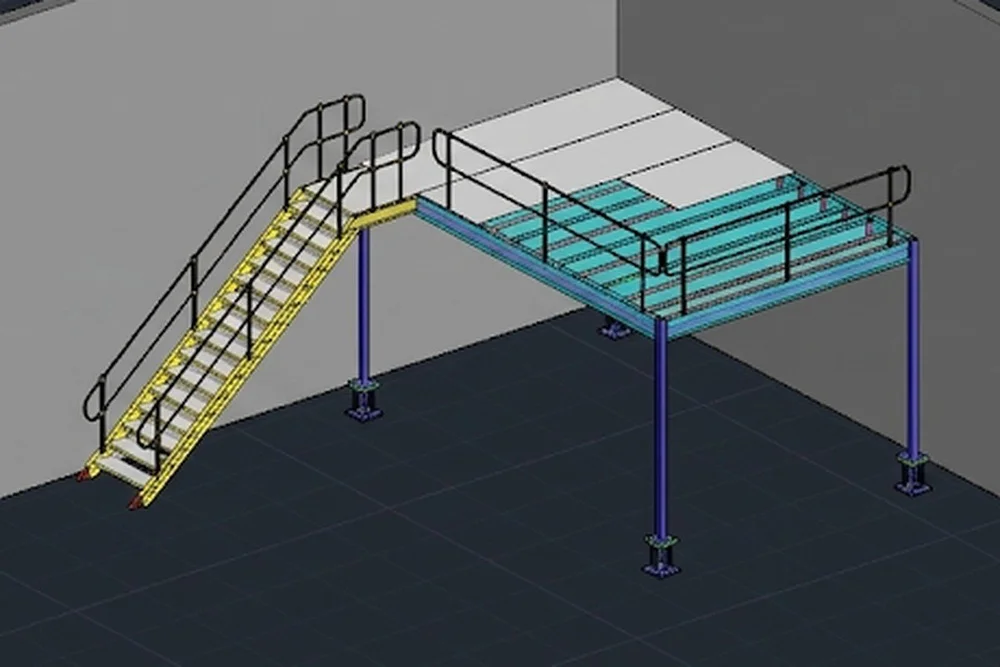 Detailing model of the mezzanine in its bay: access stair with landing and guardrails, deck framing, and columns standing on base plates.