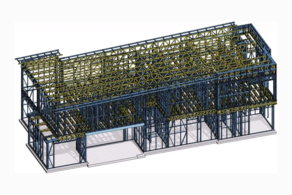 Model of a long-span light-gauge steel building showing floor framing and roof truss layout.