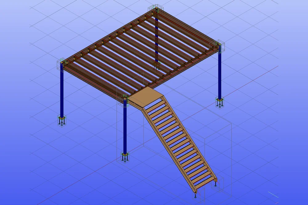 Three-dimensional structural model of the same steel mezzanine, showing the beam layout, columns on base plates and the access stair.