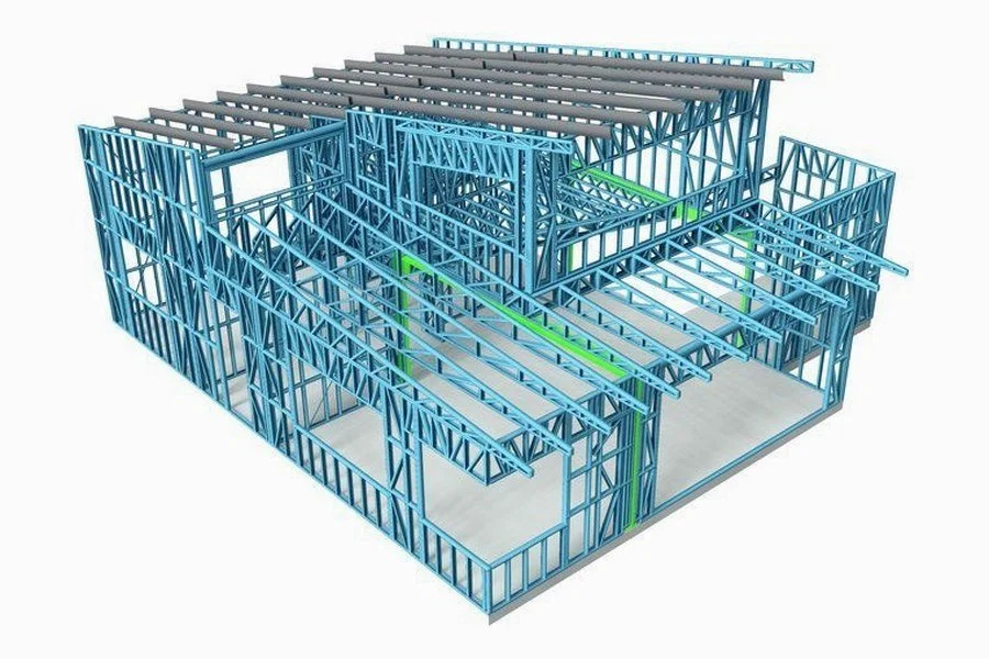 Cutaway model view showing light-gauge steel floor cassettes and internal wall panels.