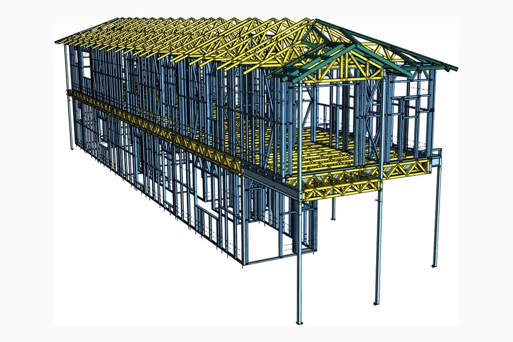 Model view of a long two-storey light-gauge steel frame raised on steel posts, showing floor cassettes and roof trusses.