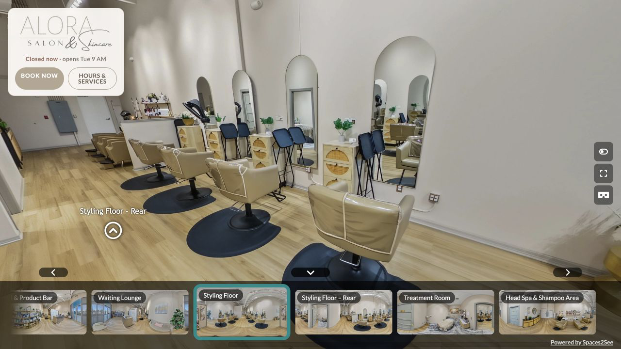 Alora Salon and Skincare styling floor shown in its Spaces2See interactive tour