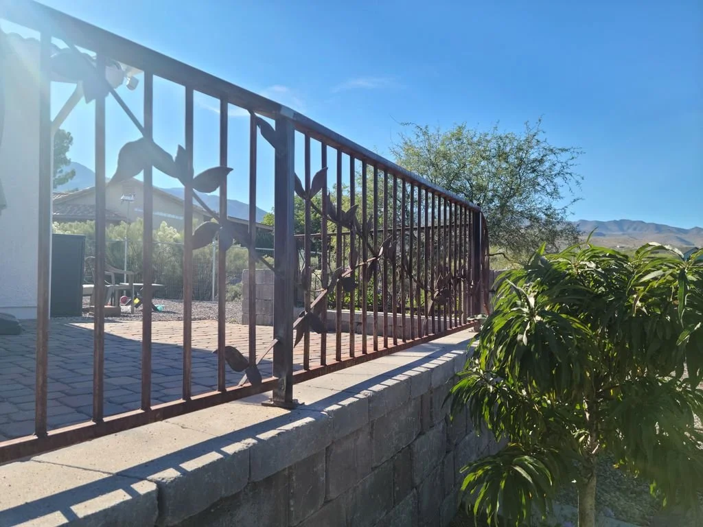 Custom steel railing with leaf and vine detail, alternate angle