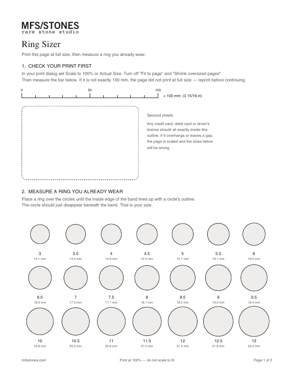 Preview of the MFS/STONES printable ring sizer, showing the scale check and ring-size circles.