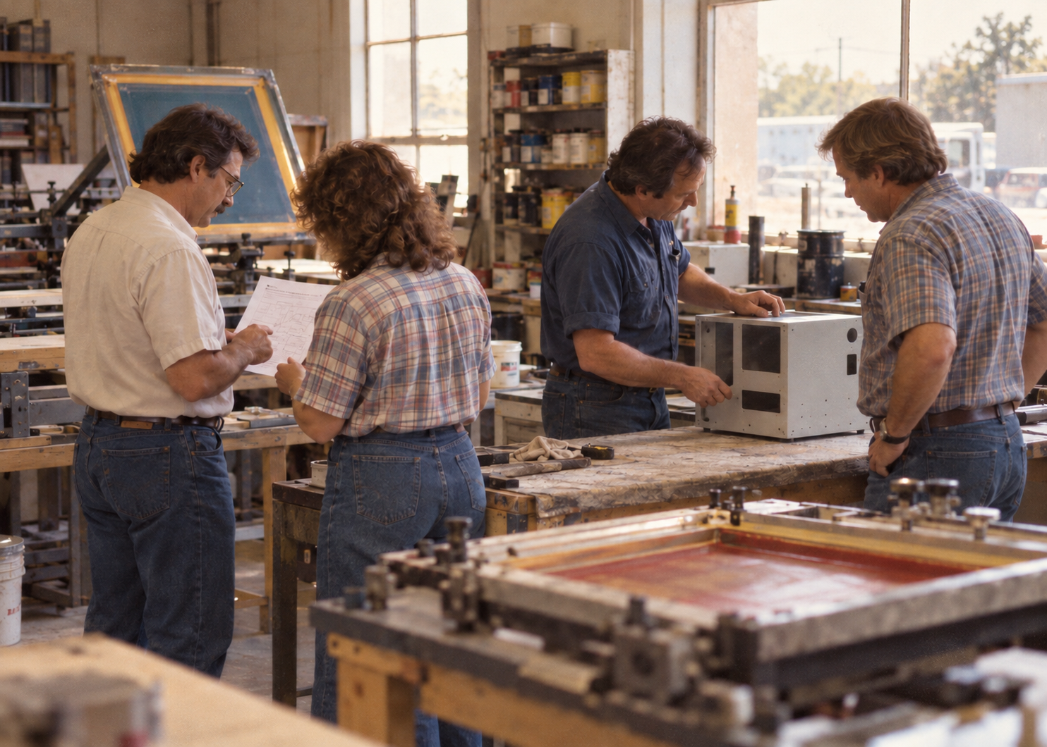 Retro-style illustration of four colleagues working together in a screen-printing workshop