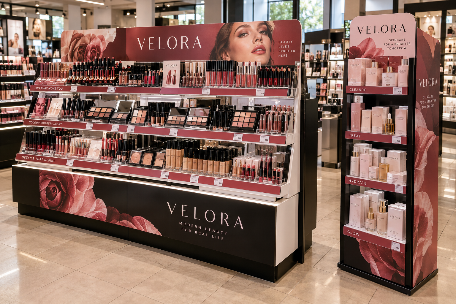 Illustrative concept of cosmetics merchandising and freestanding floor displays with printed panels