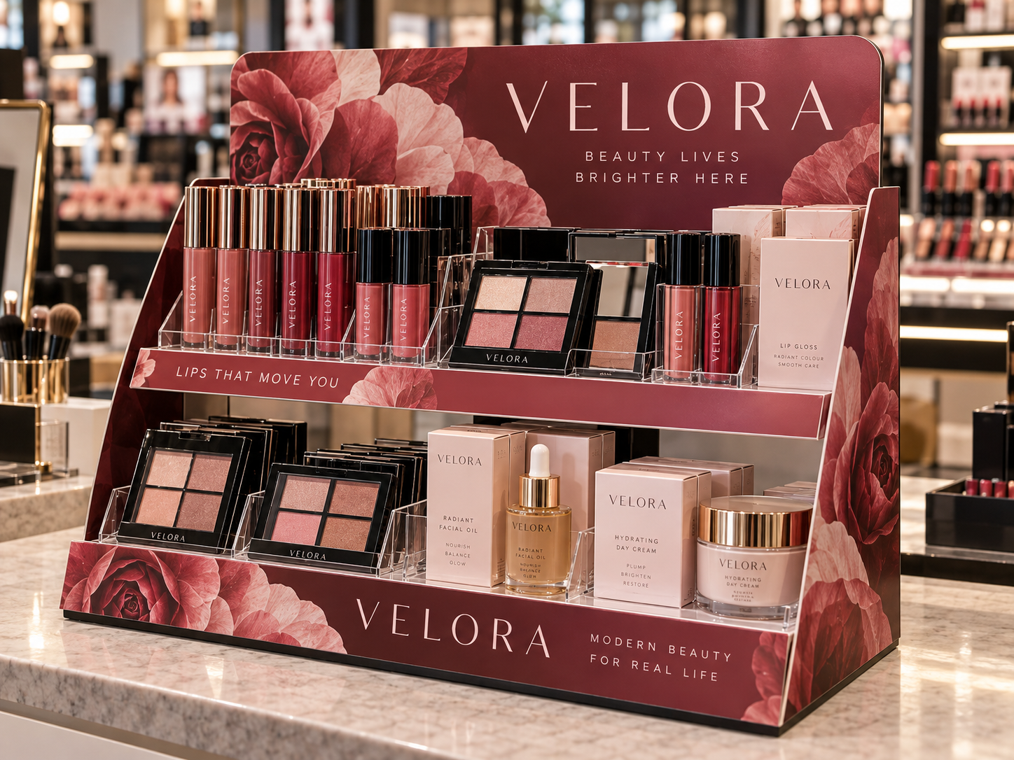 Illustrative concept of a countertop cosmetics display with printed graphics and shaped panels
