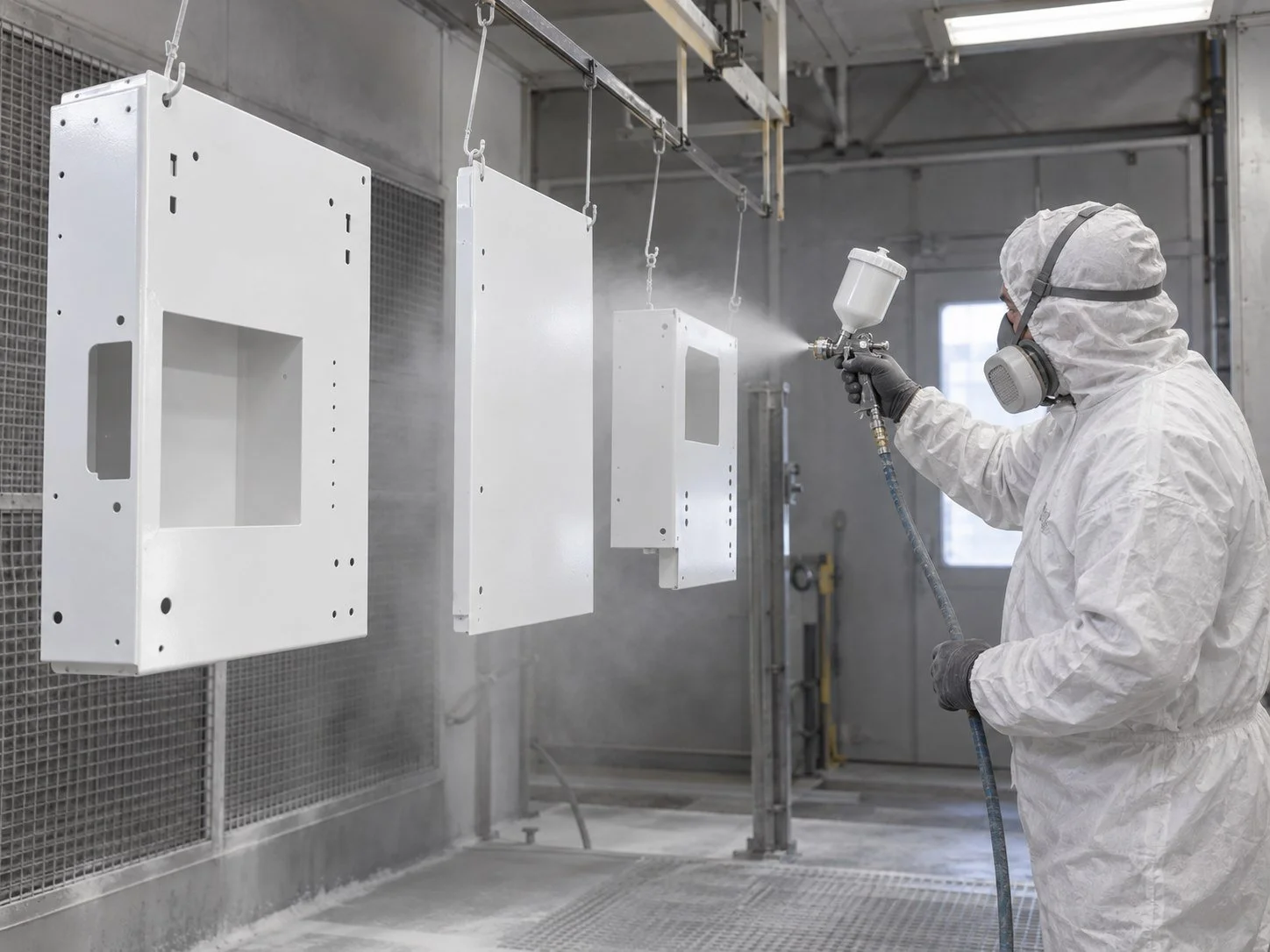 White liquid paint applied to suspended industrial metal panels