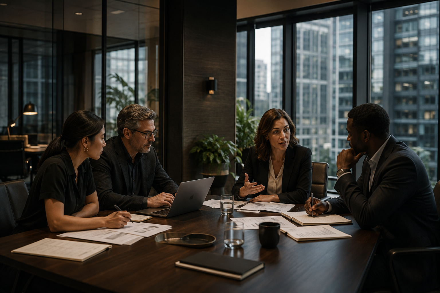 Business leaders reviewing operational reports in a modern conference room