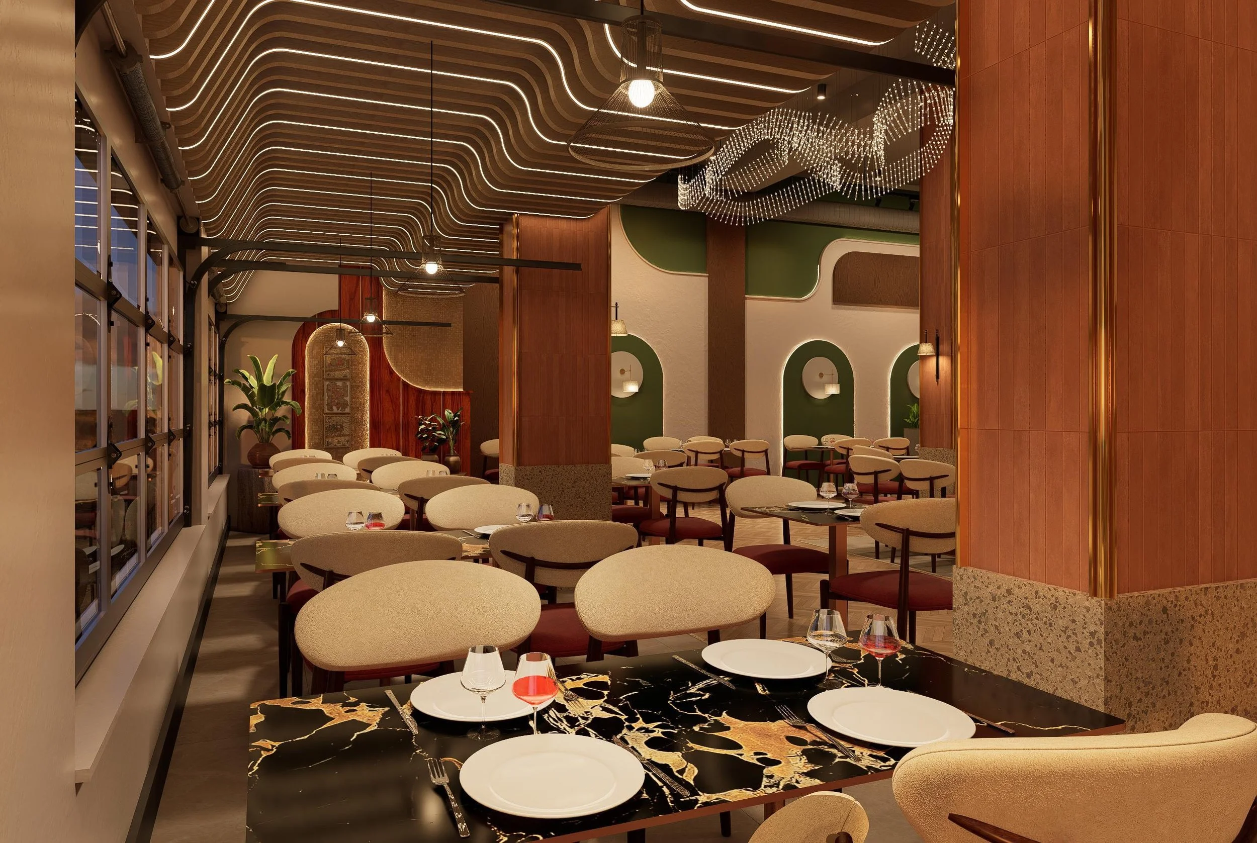 Interior rendering of The Silk Route dining room with sculptural lighting and contemporary furnishings