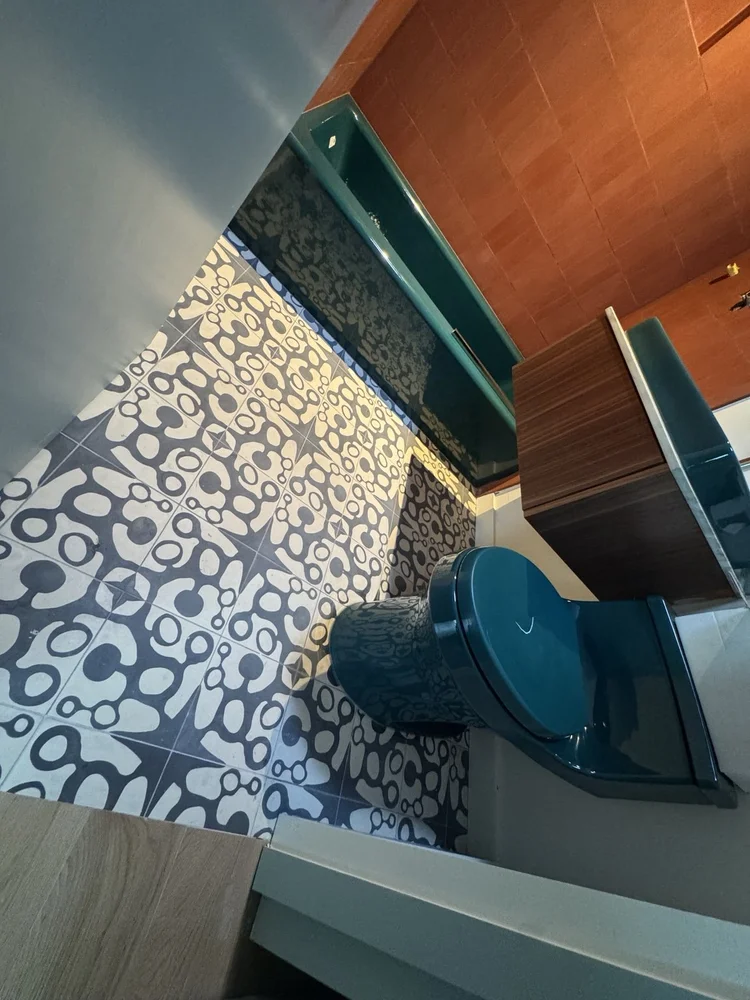 Terracotta and teal bathroom installation — project view.
