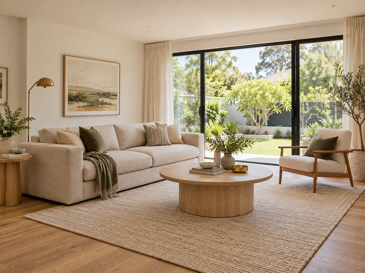 Calm residential interior with neutral furnishings