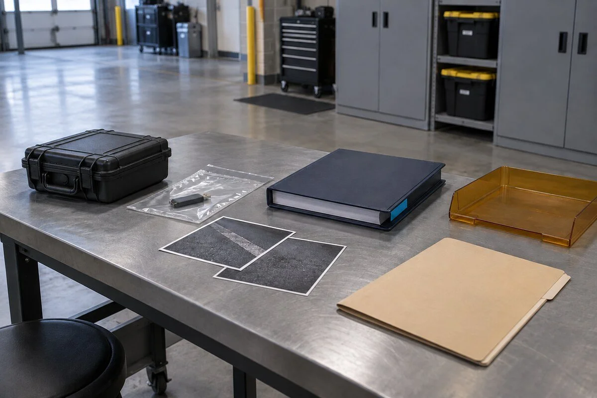 Illustrative mission-evidence bench with secured source media, authority-reference materials, an open-gap tray and a human-review folder.