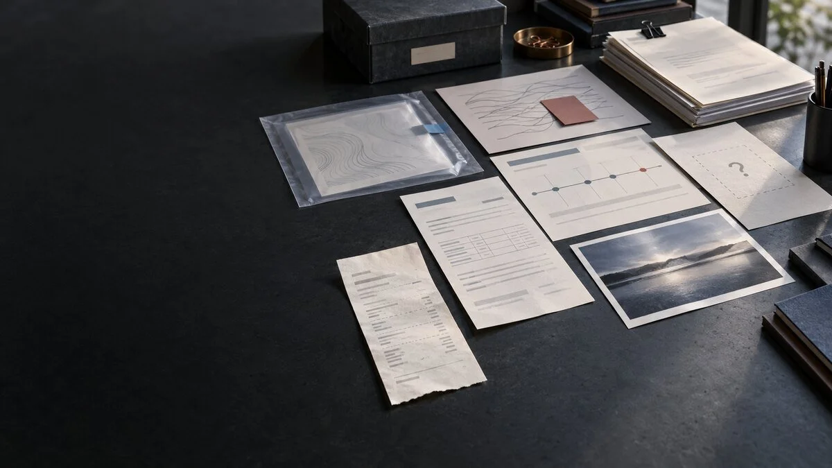 Illustrative evidence-reconstruction desk showing one receipt expanding into source-linked records, a chronology, a conflict and a controlled review draft.