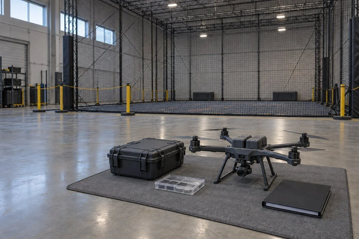 Illustrative controlled counter-UAS training bay after an exercise, with a powered-down, generic non-weaponized quadcopter staged for evidence review.