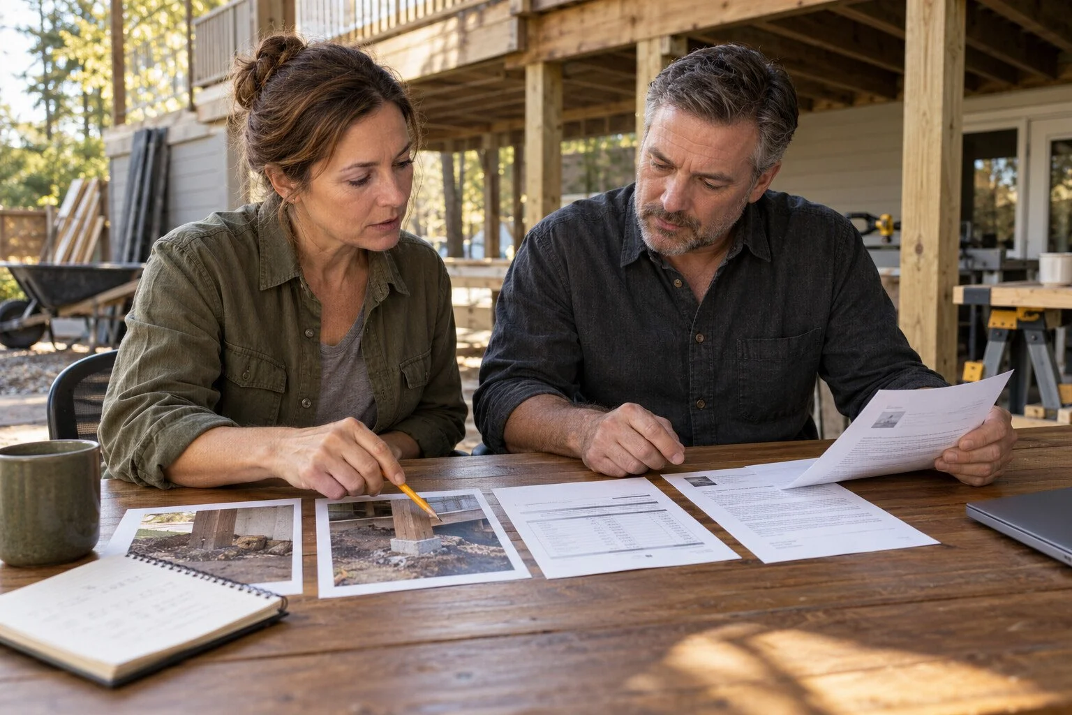 Illustrative scene of two people connecting repair photographs, an estimate, an invoice and an email at the project site.