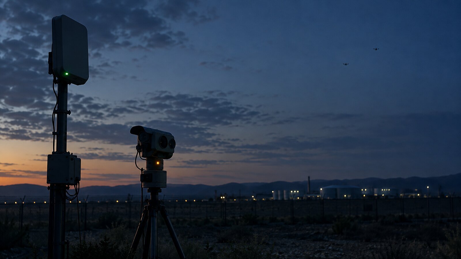 Fictional counter-UAS sensor equipment observing two distant drones near generic protected infrastructure at dusk.