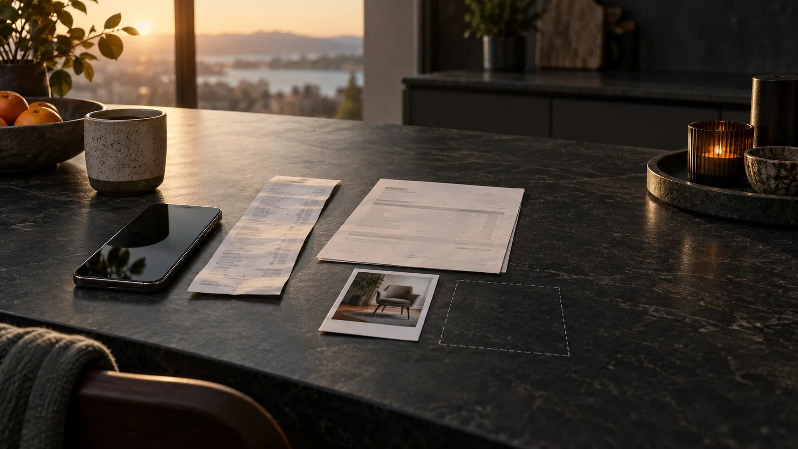 An unbranded phone, paper receipt, service record and product photo rest on a dark table beside an outlined space for a missing record.