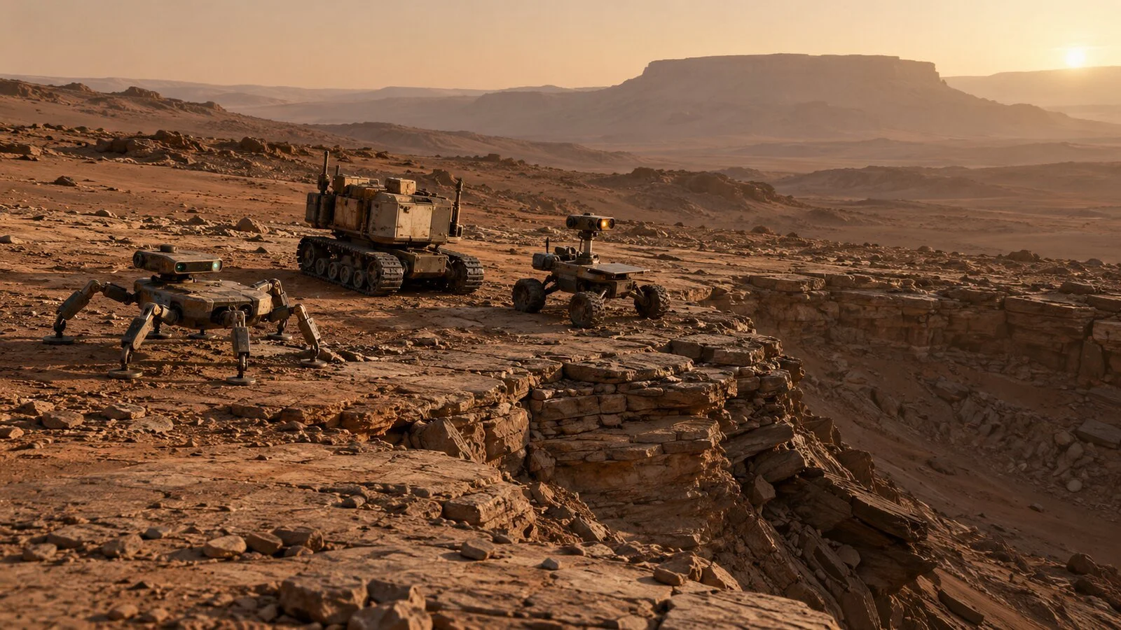 Three fictional autonomous exploration robots paused near a rocky drop on a Mars-like landscape.