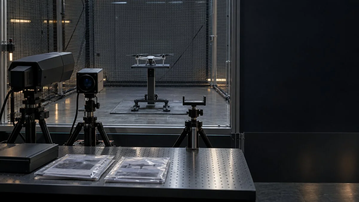 Illustrative indoor counter-drone review simulation with two generic sensor fixtures observing a secured civilian drone and one corroborating-source position left empty.