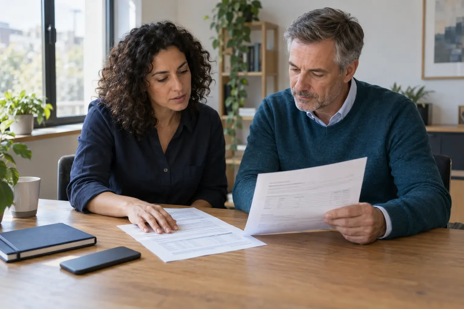 Conceptual scene of two colleagues comparing documents at a meeting table.