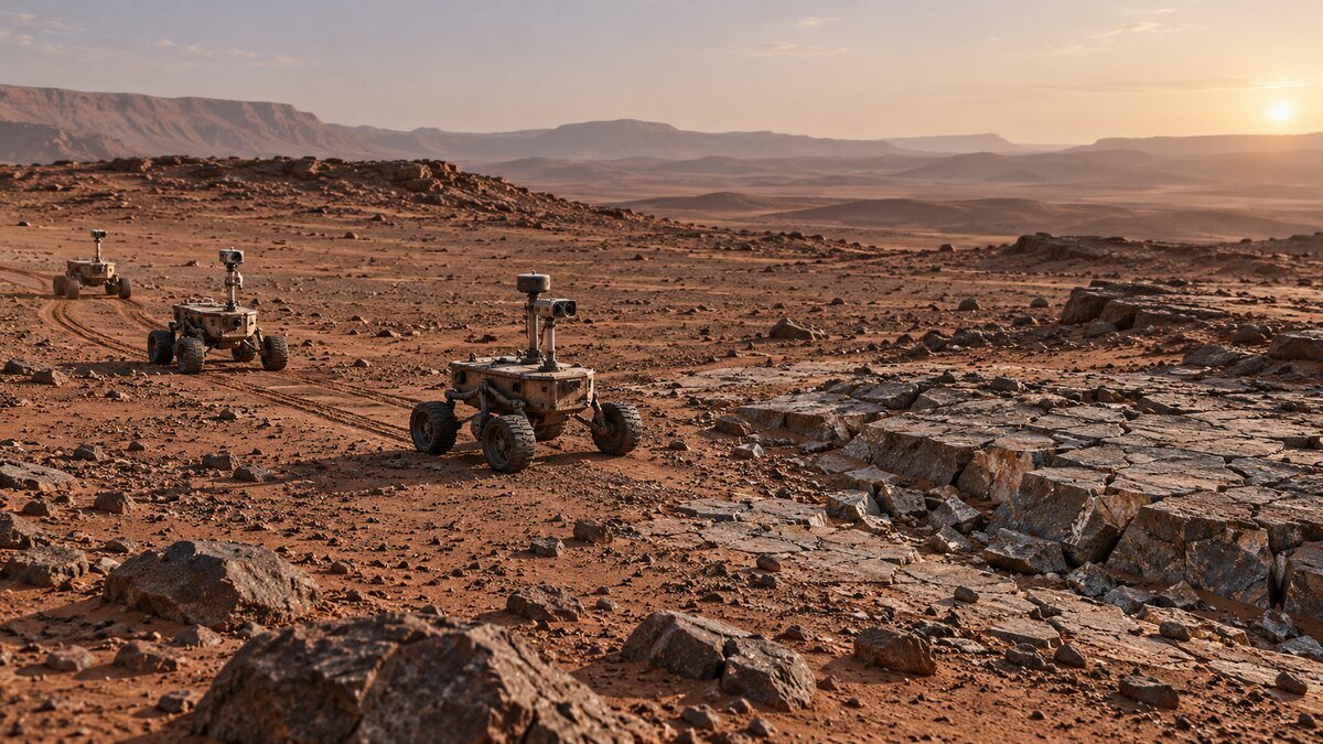 Illustrative Mars robotics scene in which one autonomous explorer pauses before unexpected terrain while two robots remain on the established track.