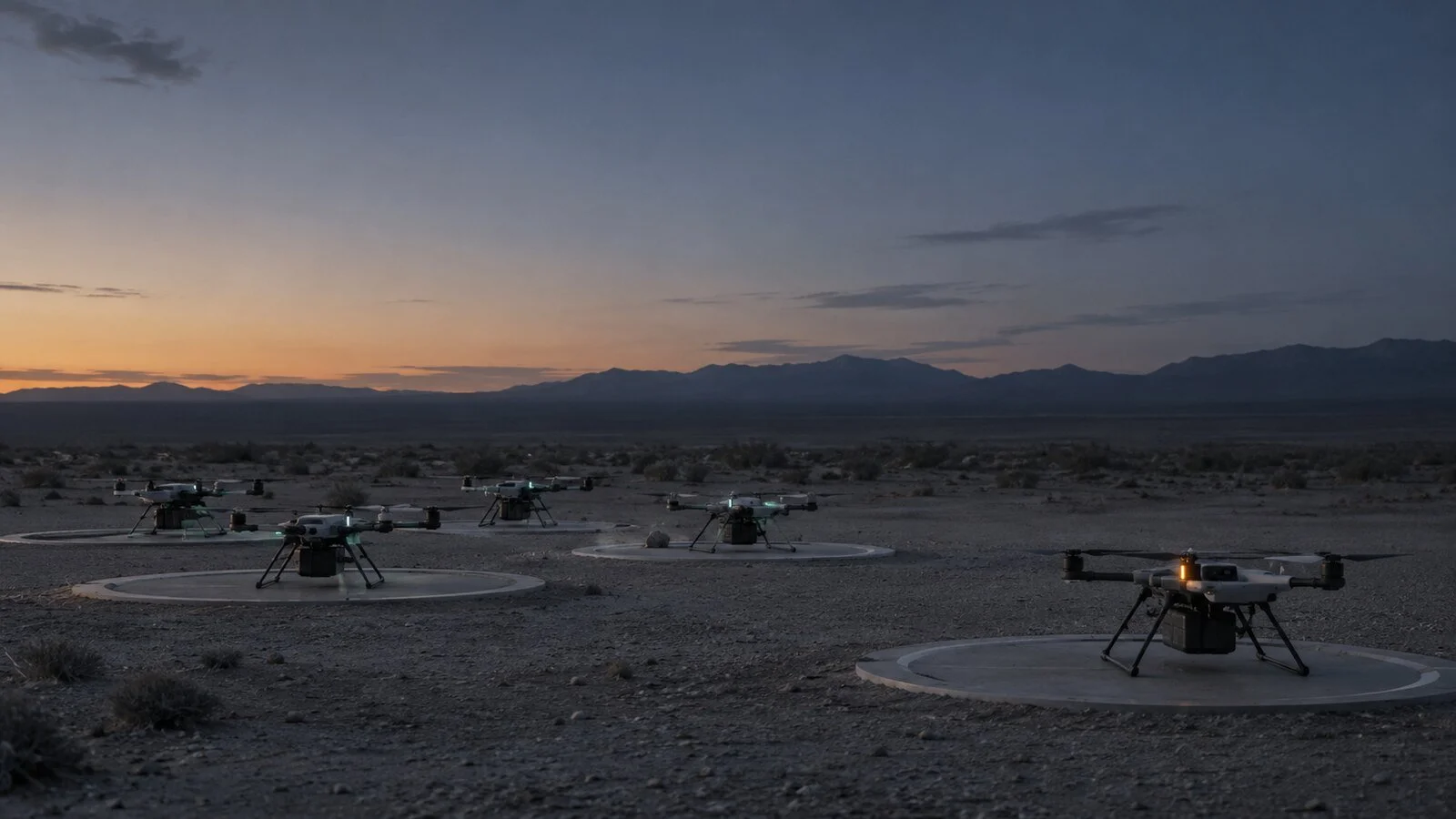 Fictional group of non-weaponized inspection drones staged on separate pads in a remote test area at dusk.