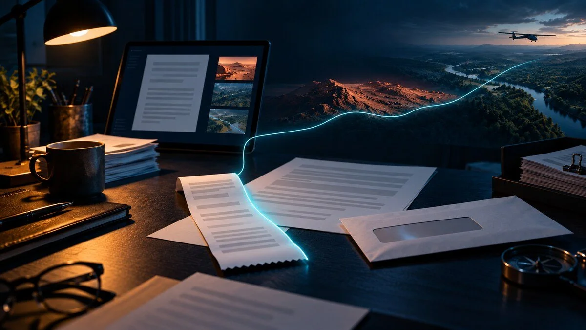 Illustrative evidence desk with blank records and a glowing trace extending across a Mars-like landscape toward an unbranded civilian drone.