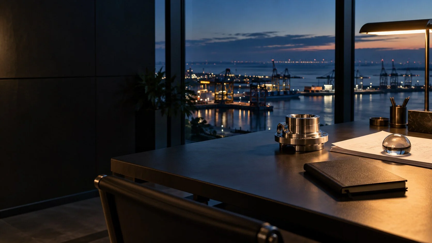 Illustrative engineering review desk overlooking a coastal industrial port at dusk, with generic records and a machined component; no actual deployment depicted.