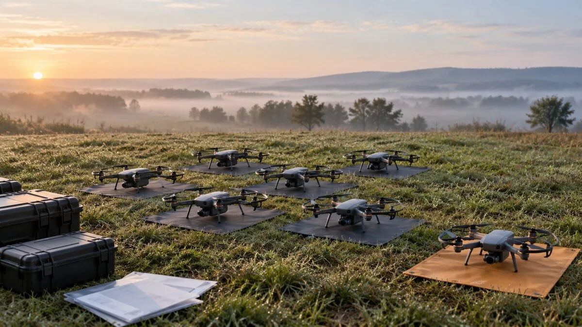 Illustrative controlled test field with six non-weaponized inspection drones prepared together and one aircraft isolated for configuration review.