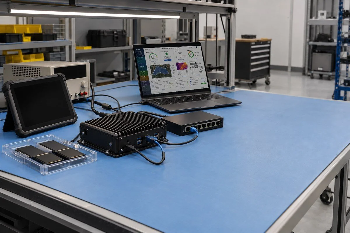 Illustrative integration workbench with a user-authorized qX-TGRI Mission Assurance concept interface composited onto the central laptop; fictional presentation data, not production software or an actual operation.