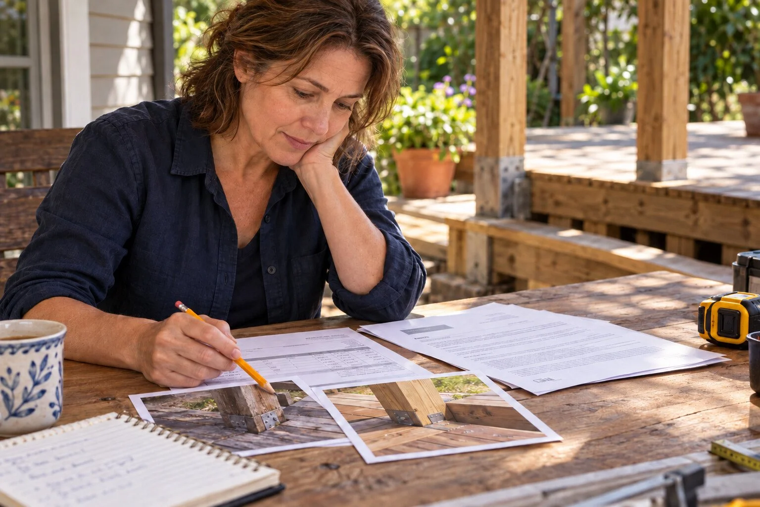 Illustrative scene of a woman comparing repair records with before-and-after photographs at the project site.