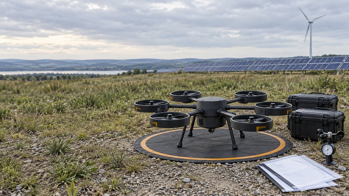 Illustrative civilian UAS inspection setting with an unbranded drone, prepared equipment and source records arranged for a human evidence review.