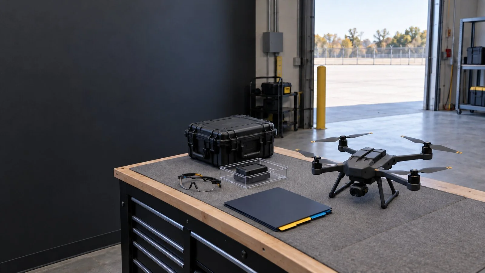 Illustrative public-safety after-action evidence bay with a powered-down, generic non-weaponized quadcopter beside secured mission-record materials.