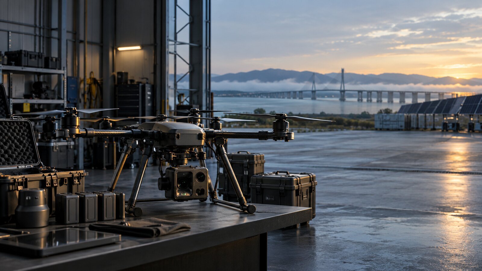 Civil inspection drone and equipment cases on a workbench inside a hangar overlooking a bridge at sunrise.