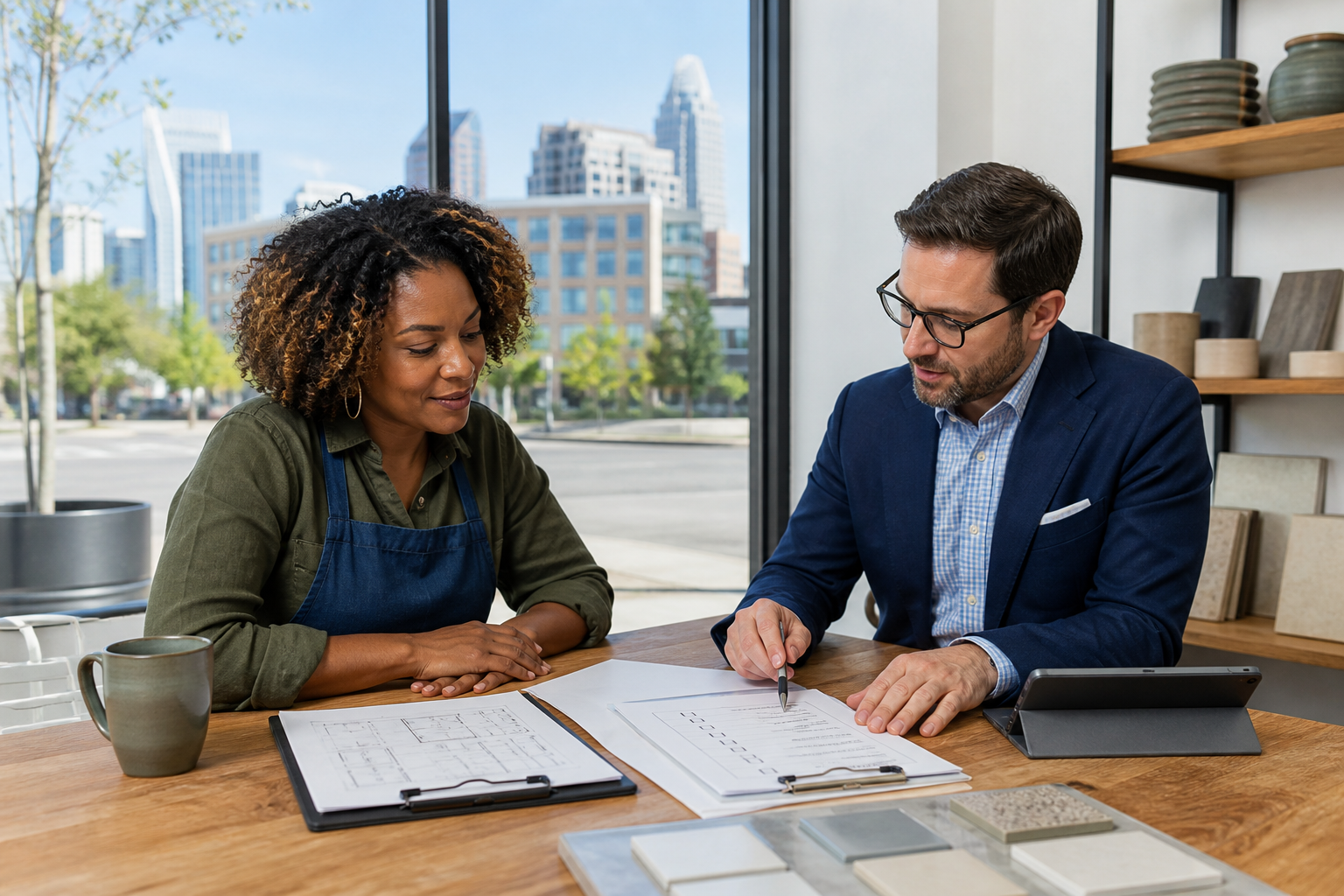 Small-business owner and insurance advisor reviewing risk details in a Charlotte office