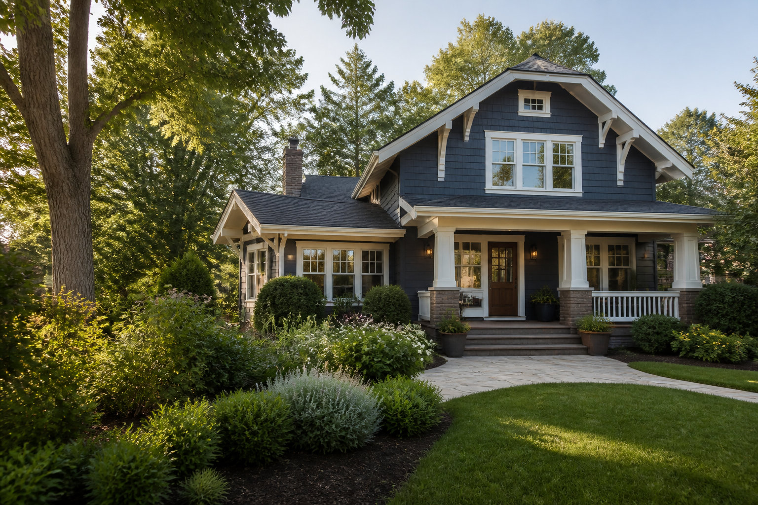 Welcoming craftsman home surrounded by mature trees