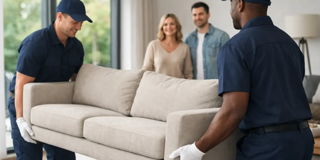 Furniture delivery team placing a sofa in a customer’s home