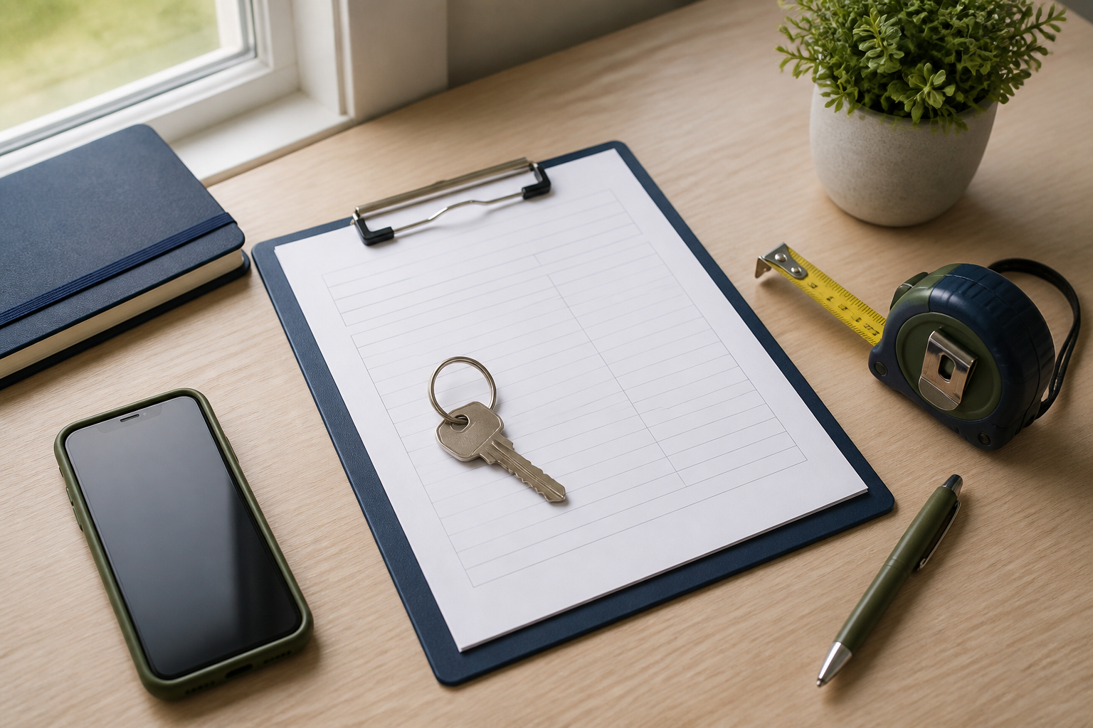 Home insurance planning materials with house key and inventory checklist