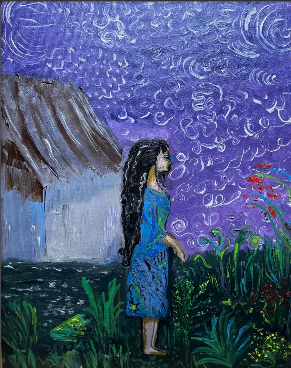 Mestiza — oil and fabric on cardboard, a woman beside a house under a starry sky