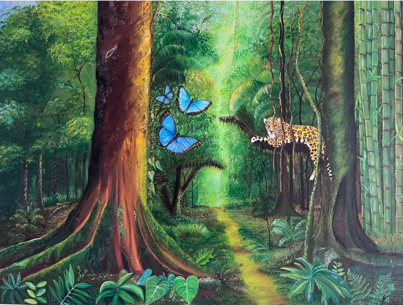 Return Me to the Bamboo — oil on canvas, a jaguar and blue butterflies on the cloud-forest path